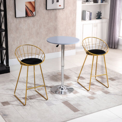  HOMCOM Set 2 Sgabelli Alti Da Bar Con Poggiapiedi, Cuscino In Velluto E Struttura In Metallo Dorato, Nero E Oro