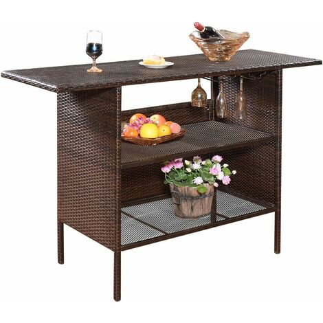  COSTWAY Tavolo Da Bar, Tavolino Bar Per Cortile Con 2 Mensole, Ideale Per Cortile Piscina Giardino Balcone, 140 X 47 X 92 Cm, Marrone