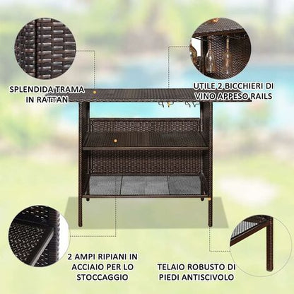  COSTWAY Tavolo Da Bar, Tavolino Bar Per Cortile Con 2 Mensole, Ideale Per Cortile Piscina Giardino Balcone, 140 X 47 X 92 Cm, Marrone