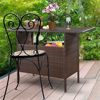  COSTWAY Tavolo Da Bar, Tavolino Bar Per Cortile Con 2 Mensole, Ideale Per Cortile Piscina Giardino Balcone, 140 X 47 X 92 Cm, Marrone