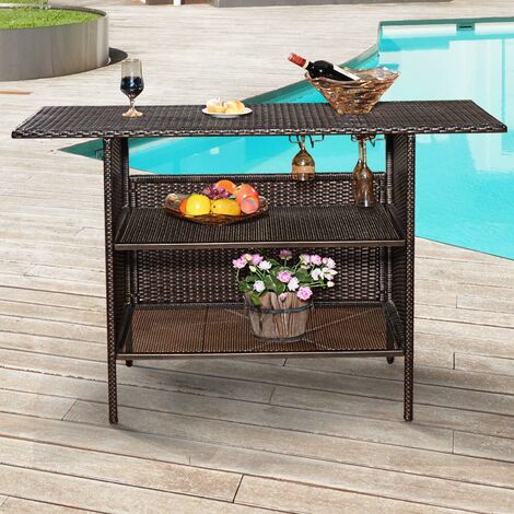  COSTWAY Tavolo Da Bar, Tavolino Bar Per Cortile Con 2 Mensole, Ideale Per Cortile Piscina Giardino Balcone, 140 X 47 X 92 Cm, Marrone