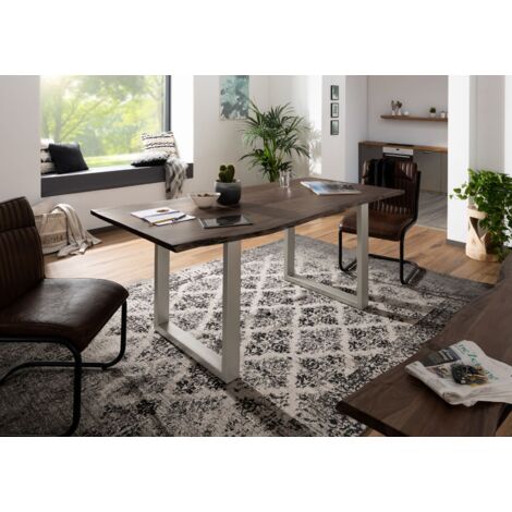  FREEFORM 3 Tavolo Da Pranzo In Legno Di Acacia - Laccato Grigio / Gambe Di Ferro - Argento Mat 160x90x76