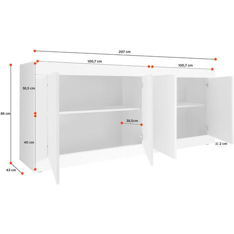  Credenza Moderna, Madia Bianca Lucida Con 4 Ante In Finitura Pero