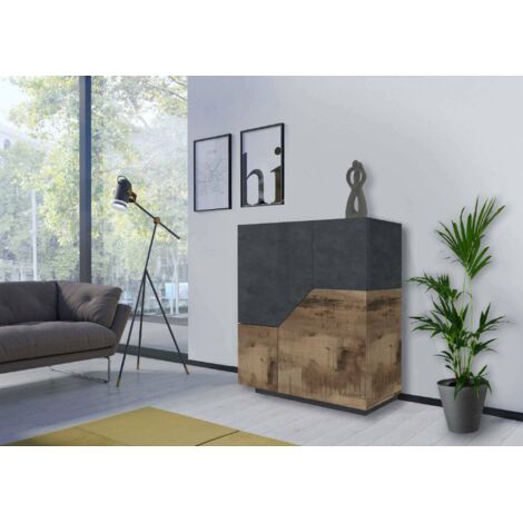  Dmora Credenza Moderna A 2 Ante Geometriche, Made In Italy, Madia Da Ingresso, Buffet Di Design Da Soggiorno, Cm 100x43h106, Ardesia E Acero, Con Imballo Rinforzato