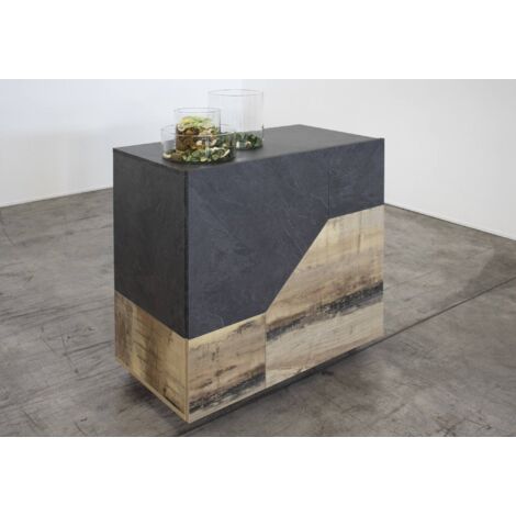  Dmora Credenza Moderna A 2 Ante Geometriche, Made In Italy, Madia Da Ingresso, Buffet Di Design Da Soggiorno, Cm 100x43h106, Ardesia E Acero, Con Imballo Rinforzato