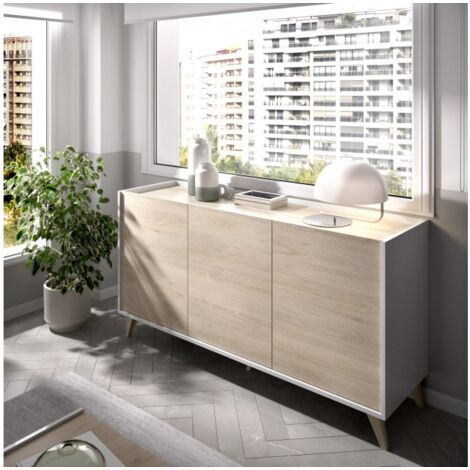  Madia Soggiorno 155 Cm Abby Bianco Opaco E Rovere Naturale Con Tre Ante Bianco E Naturale