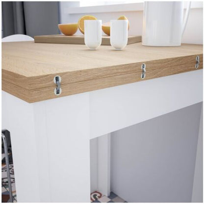  Tavolo Allungabile, Tavolo Da Pranzo Pieghevole Apertura A Libro, Tavolo Ausiliario Richiudibile, Cm 67x67/135h79, Bianco E Rovere