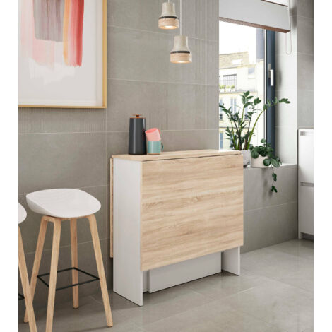  Tavolo Allungabile, Tavolo Da Pranzo Pieghevole Con Piano Abbattibile, Tavolo Ausiliario Richiudibile, Cm 31x77h78, Bianco E Rovere