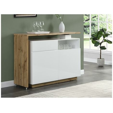  Mobile Da Bar Girevole 2 Ante, 1 Cassetto E 1 Nicchia MDF Bianco Laccato E Rovere - ELDIR
