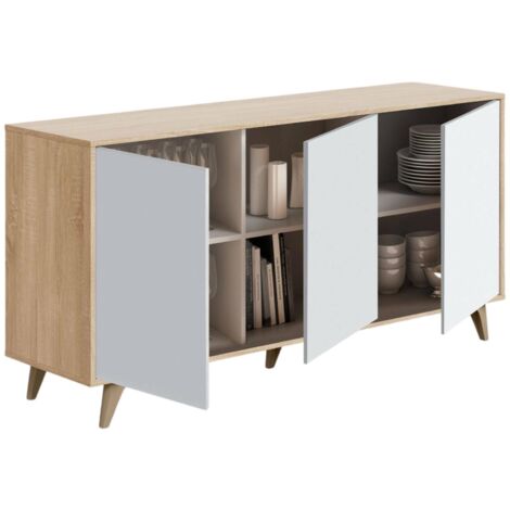  Dmora Credenza Arvada, Madia Moderna A 3 Ante E Ripiani, Buffet Da Cucina, Buffet Di Design Da Soggiorno, Cm 154x40h75, Rovere E Bianco