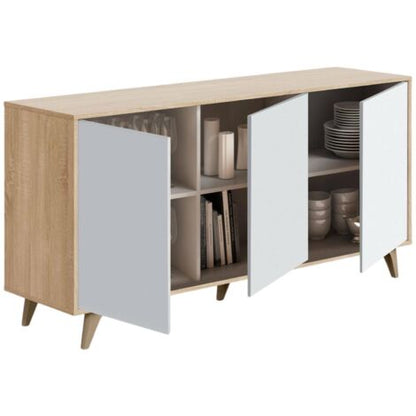  Dmora Credenza Arvada, Madia Moderna A 3 Ante E Ripiani, Buffet Da Cucina, Buffet Di Design Da Soggiorno, Cm 154x40h75, Rovere E Bianco