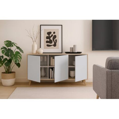  Dmora Credenza Arvada, Madia Moderna A 3 Ante E Ripiani, Buffet Da Cucina, Buffet Di Design Da Soggiorno, Cm 154x40h75, Rovere E Bianco