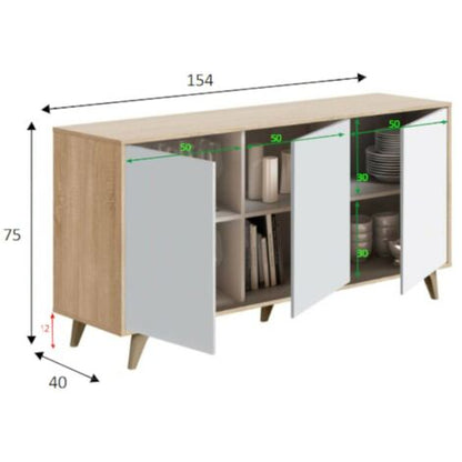  Dmora Credenza Arvada, Madia Moderna A 3 Ante E Ripiani, Buffet Da Cucina, Buffet Di Design Da Soggiorno, Cm 154x40h75, Rovere E Bianco