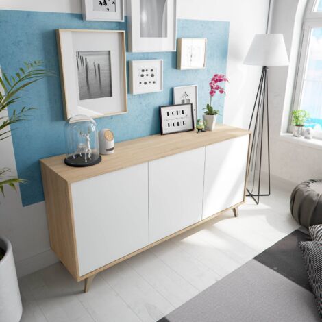  Dmora Credenza Arvada, Madia Moderna A 3 Ante E Ripiani, Buffet Da Cucina, Buffet Di Design Da Soggiorno, Cm 154x40h75, Rovere E Bianco