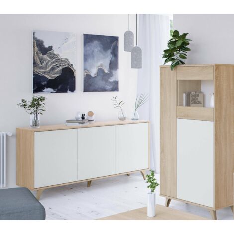  Dmora Credenza Arvada, Madia Moderna A 3 Ante E Ripiani, Buffet Da Cucina, Buffet Di Design Da Soggiorno, Cm 154x40h75, Rovere E Bianco