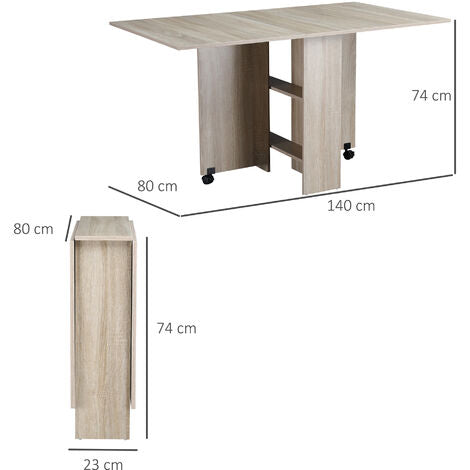  HOMCOM Tavolo Pieghevole Rettangolare Per 4-6 Persone Con 2 Ruote, In Truciolato, 140x80x7cm, Color Legno Naturale