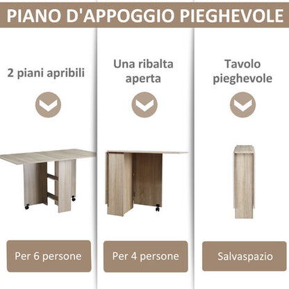  HOMCOM Tavolo Pieghevole Rettangolare Per 4-6 Persone Con 2 Ruote, In Truciolato, 140x80x7cm, Color Legno Naturale