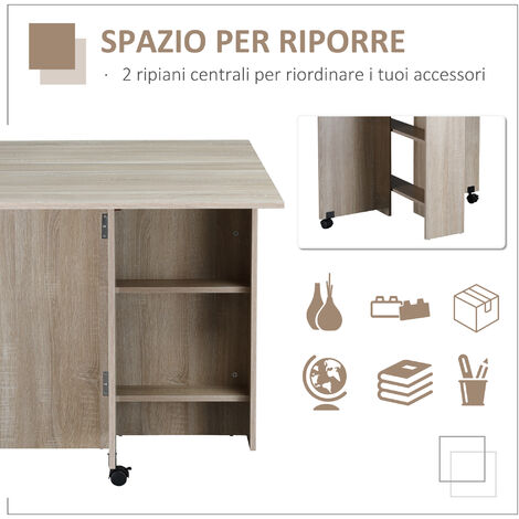 HOMCOM Tavolo Pieghevole Rettangolare Per 4-6 Persone Con 2 Ruote, In Truciolato, 140x80x7cm, Color Legno Naturale