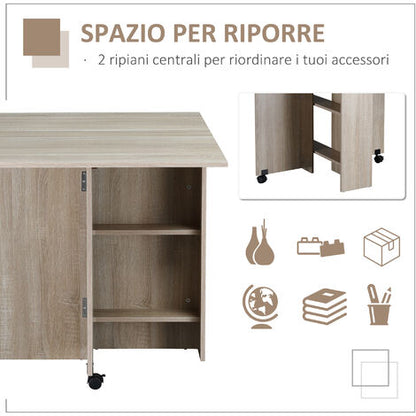  HOMCOM Tavolo Pieghevole Rettangolare Per 4-6 Persone Con 2 Ruote, In Truciolato, 140x80x7cm, Color Legno Naturale