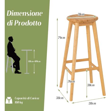  COSTWAY Set Di 2 Sgabelli Da Bar Di Bambù, Sedie Rotonde Con Poggiapiedi, Sgabelli Da Bar 79 Cm, Per Cucina Sala Da Pranzo Bar, Naturale