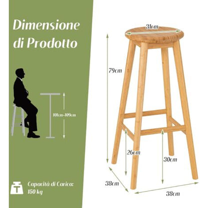  COSTWAY Set Di 2 Sgabelli Da Bar Di Bambù, Sedie Rotonde Con Poggiapiedi, Sgabelli Da Bar 79 Cm, Per Cucina Sala Da Pranzo Bar, Naturale