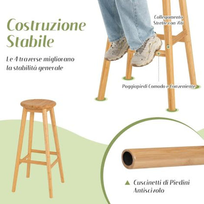  COSTWAY Set Di 2 Sgabelli Da Bar Di Bambù, Sedie Rotonde Con Poggiapiedi, Sgabelli Da Bar 79 Cm, Per Cucina Sala Da Pranzo Bar, Naturale