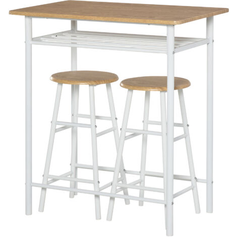  HOMCOM Set Bancone Bar Con 2 Sgabelli Alti In Legno Stile Nordico, Tavolo Alto Con Mensola E Sgabelli Cucina Con Poggiapiedi, Bianco