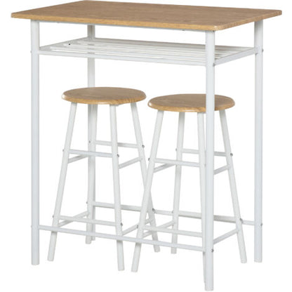  HOMCOM Set Bancone Bar Con 2 Sgabelli Alti In Legno Stile Nordico, Tavolo Alto Con Mensola E Sgabelli Cucina Con Poggiapiedi, Bianco