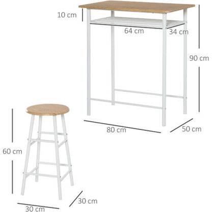  HOMCOM Set Bancone Bar Con 2 Sgabelli Alti In Legno Stile Nordico, Tavolo Alto Con Mensola E Sgabelli Cucina Con Poggiapiedi, Bianco