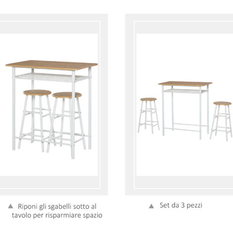  HOMCOM Set Bancone Bar Con 2 Sgabelli Alti In Legno Stile Nordico, Tavolo Alto Con Mensola E Sgabelli Cucina Con Poggiapiedi, Bianco