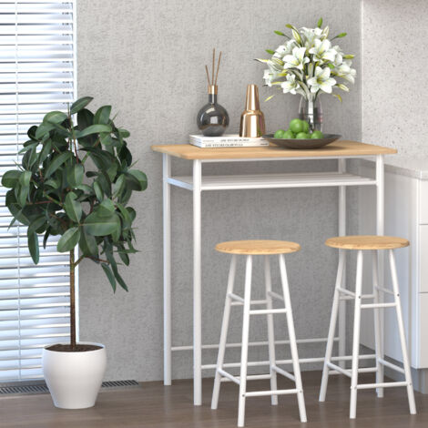  HOMCOM Set Bancone Bar Con 2 Sgabelli Alti In Legno Stile Nordico, Tavolo Alto Con Mensola E Sgabelli Cucina Con Poggiapiedi, Bianco