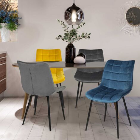  Set Di 4 Sedie MADY In Velluto Misto Blu, Grigio Chiaro, Grigio Scuro E Giallo