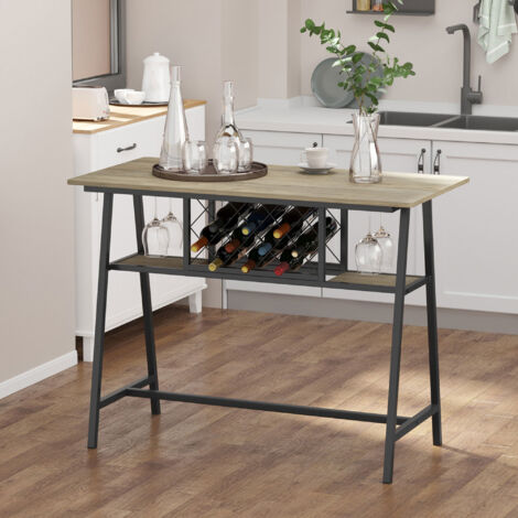  HOMCOM Tavolo Da Bar Industriale Da 10 Bottiglie In Truciolato E Acciaio, 120x60x91 Cm, Nero E Color Legno
