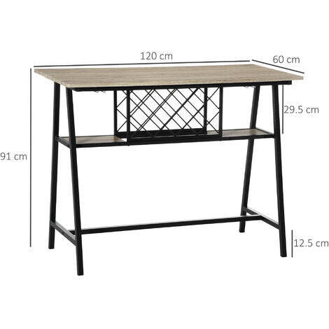  HOMCOM Tavolo Da Bar Industriale Da 10 Bottiglie In Truciolato E Acciaio, 120x60x91 Cm, Nero E Color Legno