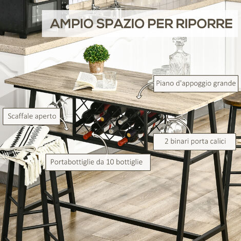  HOMCOM Tavolo Da Bar Industriale Da 10 Bottiglie In Truciolato E Acciaio, 120x60x91 Cm, Nero E Color Legno