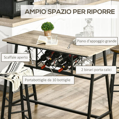  HOMCOM Tavolo Da Bar Industriale Da 10 Bottiglie In Truciolato E Acciaio, 120x60x91 Cm, Nero E Color Legno