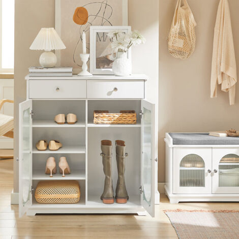  Credenza Con Ante In Vetro, Mobile Da Cucina, Scarpiera Da Ingresso, Buffet Bianco 80x35x90cm FSB68-W SoBuy