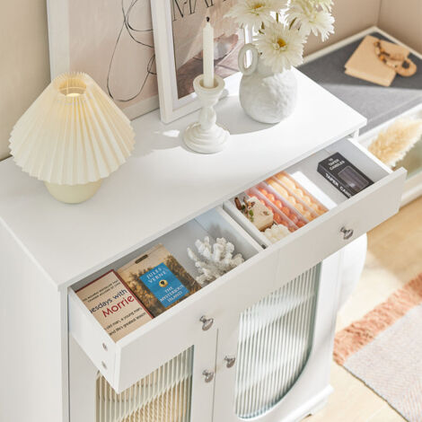  Credenza Con Ante In Vetro, Mobile Da Cucina, Scarpiera Da Ingresso, Buffet Bianco 80x35x90cm FSB68-W SoBuy