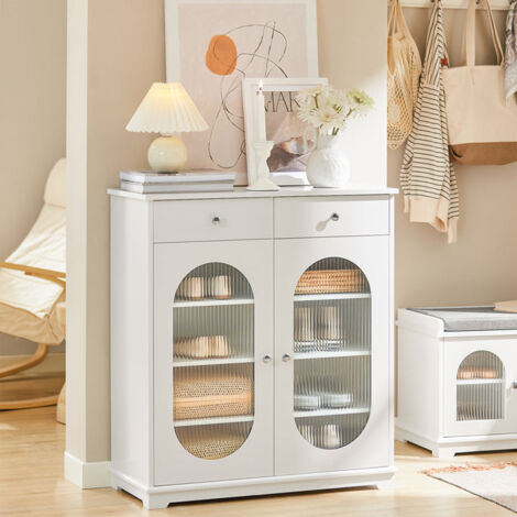  Credenza Con Ante In Vetro, Mobile Da Cucina, Scarpiera Da Ingresso, Buffet Bianco 80x35x90cm FSB68-W SoBuy