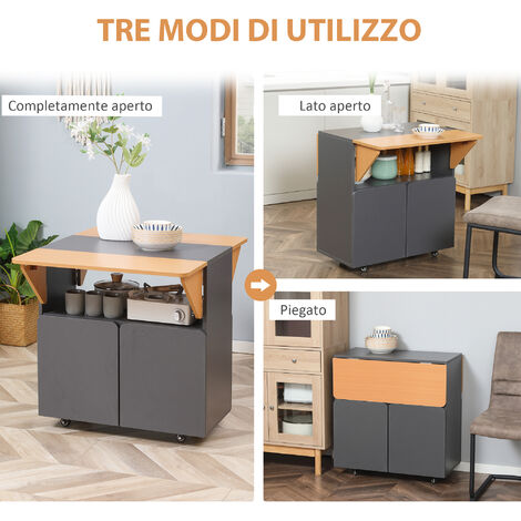  HOMCOM Tavolo Pieghevole Salvaspazio Per 4 Persone Max Con 4 Ruote, Ripiano Nascosto E Armadietto Con Ante, 70x83x75 Cm