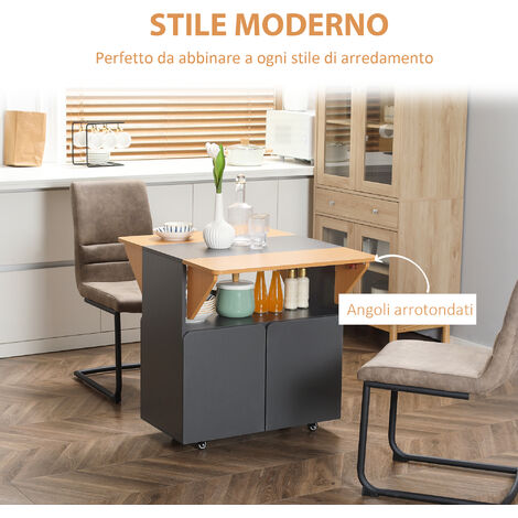  HOMCOM Tavolo Pieghevole Salvaspazio Per 4 Persone Max Con 4 Ruote, Ripiano Nascosto E Armadietto Con Ante, 70x83x75 Cm