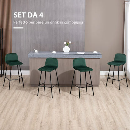  HOMCOM Set 4 Sgabelli Alti Con Poggiapiedi Per Cucina E Bar, In Poliestere Vellutato, Acciaio E Gommapiuma, 40x45.5x94 Cm