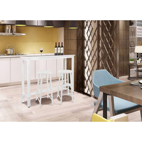 WOLTU Tavolo Bar 140 CM Da Pranzo Cucina In Metallo E Legno Tavolino Caffè Alto Bianco