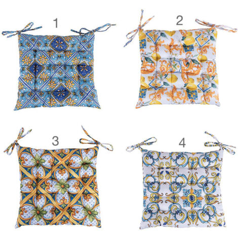  Cuscino Per Sedia Con Laccetti 40x40 Cm, Decoro Mediterraneo, Sicilia