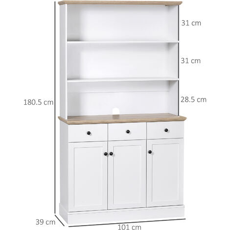  HOMCOM Credenza Da Cucina In Legno Bianco Con 3 Ripiani, 3 Cassetti E 2 Armadietti 101x39x180.5 Cm