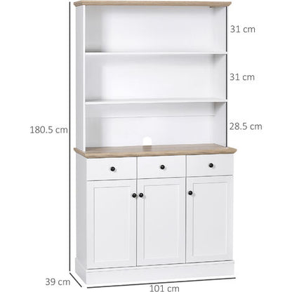  HOMCOM Credenza Da Cucina In Legno Bianco Con 3 Ripiani, 3 Cassetti E 2 Armadietti 101x39x180.5 Cm