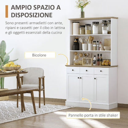  HOMCOM Credenza Da Cucina In Legno Bianco Con 3 Ripiani, 3 Cassetti E 2 Armadietti 101x39x180.5 Cm