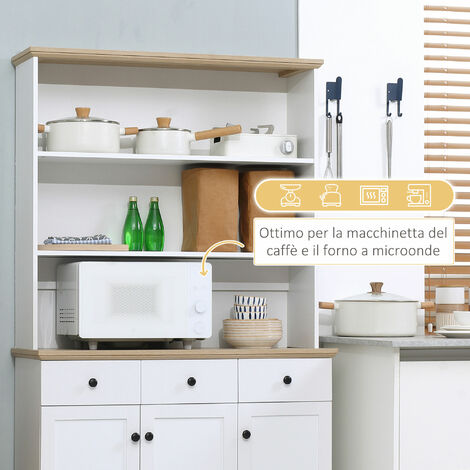  HOMCOM Credenza Da Cucina In Legno Bianco Con 3 Ripiani, 3 Cassetti E 2 Armadietti 101x39x180.5 Cm