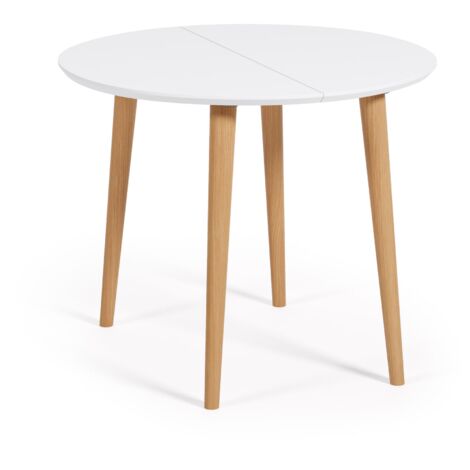  Kave Home - Tavolo Rotondo Allungabile Oqui MDF Laccato Bianco E Gambe In Faggio Massiccio 90 (170) X