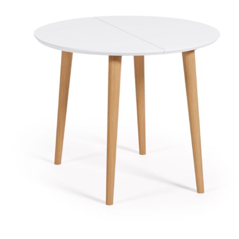  Kave Home - Tavolo Rotondo Allungabile Oqui MDF Laccato Bianco E Gambe In Faggio Massiccio 90 (170) X